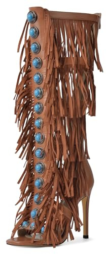 Richealnana Women's Fringe Studded Jewel Zipper Open Toe Knee High Sandals Stilettos Tassel Shoes For Party Prom Brown US 10