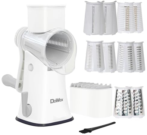 DOWOX Käsereibe, 5-in-1 Gemüseschneider, mit 5 Paar austauschbare Trommelblätter, Schneller Schneiden, Reinigungsbürste, Klingenaufbewahrungsbox – Für Käse, Gurken, Karotten, Nüsse usw(Weiß)