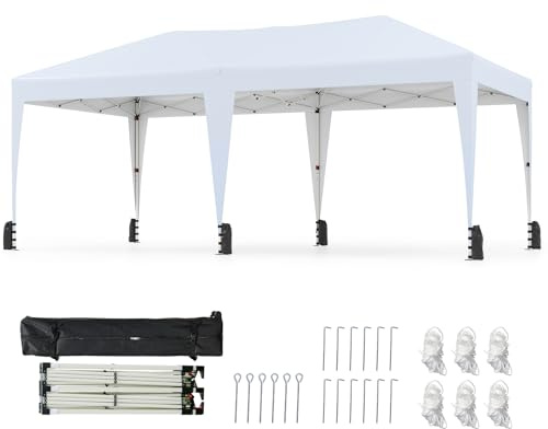 GOPLUS Tonnelle Jardin Exterieur Pliant 3 x 6 M pour 6-8 Personnes, Tente de Reception Pliable Impermeable Revêtement Argenté, Protection Solaire, Sac roulettes Inclus (3x6M|Blanc)