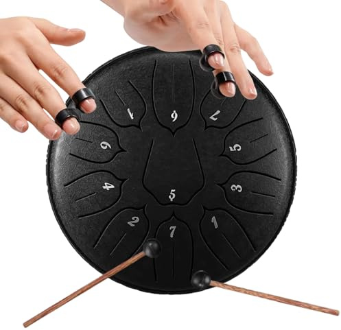 Steel Tongue Drum 6 Zoll, 11 Noten Zungentrommel in C-Dur mit Schutz-Gummiring - Sphärischer Klang für Entspannung, Perfekt für Yoga, Meditation, Band & Musikunterricht (Schwarz)