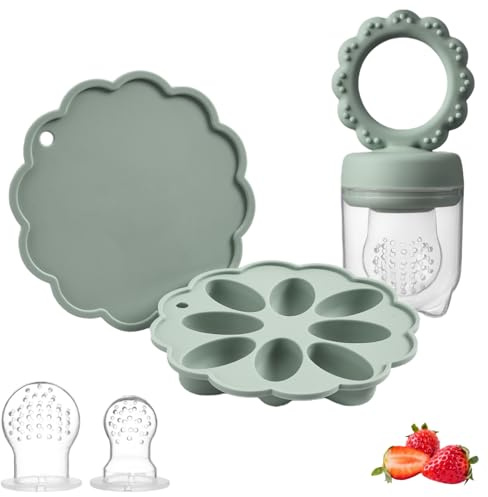 Silikon Fruchtsauger Baby Babybrei Einfrieren Behälter Set, Lebensmittel Zum Kühlen Und Lindern Des Zahnens, Selbstfütterung Zum Obst, Muttermilch (Sage)