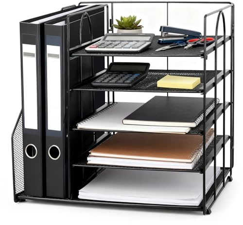 Schreibtisch Organizer mit Aktenhalter, 5 Tier Briefablage Ablagefächer Desktop Organizer, Multifunktionaler Mesh Schreibtisch Akten Organizer für Bürobedarf zu Hause, Schwarz