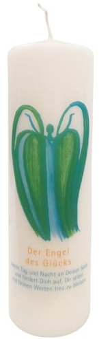 Engelkerze Engel des Glücks grün-blau – Geschenkkerze mit Engelmotiv für Hoffnung, Zuversicht & Lebensfreude – Stumpenkerze handgefertigt 6 x 18 cm