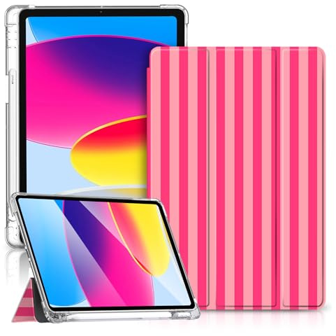 TopPerfekt Case for iPad 11th (A16) 11-inch 2025/10th Generation 10.9-inch 2022, Stripes [Auto Wake/Sleep] with Pencil Holder, Clear Transparent Back Shell Slim Stand Shockproof Tablet Cover- Rose Red