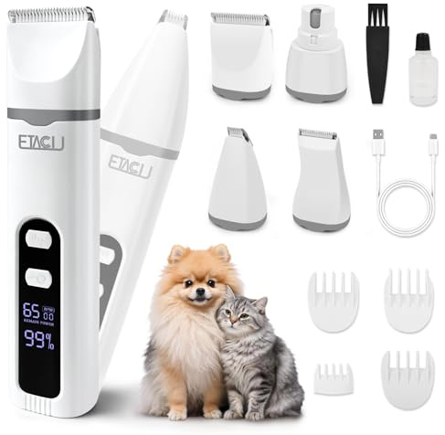 ETACCU 4in1 Leise Schermaschine Hund Katze mit LED-Anzeige, Hundeschermaschine Pfotentrimmer für Katzen Haarschneidemaschine & Krallenschleifer für Körper, Pfoten, Augen, Ohren, Gesicht