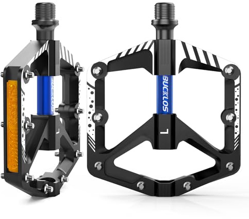 BUCKLOS Mountain Bike Flat Pedals Adult 9/16, Sealed Bearing Large Bicycle Pedal Aluminum Platform with Removable Anti-Skid Nails and Reflectors for MTB Road Gravel BMX Ebike Bikes