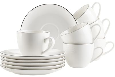 Mäser Serie Felise, Espressotassen Set 12-teilig aus Porzellan – 6 Tassen & 6 Untertassen – Weiß mit schwarzem Rand