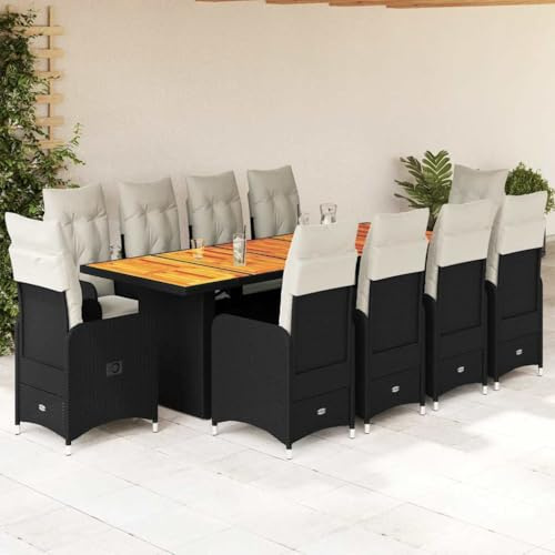 Teenpull 11-TLG. Garten-Bistro-Set, Schwarz Poly Rattan, Akazienholz Tischplatte, verstellbare Relaxsessel, UV-beständig, wetterfest, für Terrasse, Balkon