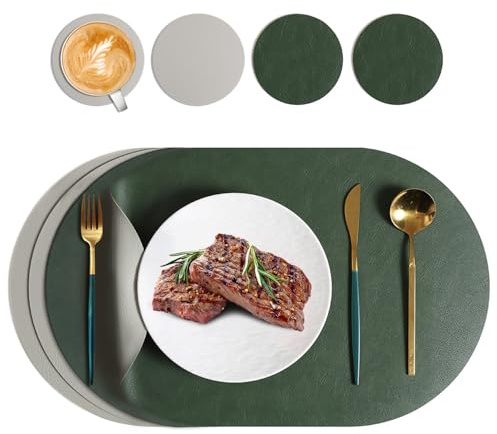 4er Set Tischsets Leder und Untersetzer, Doppelseitige Platzdeckchen Lederoptik Platzsets, Platzsets abwaschbar und wasserdicht, Tischuntersetzer Doppelseitigen rutschfest, Oval(Grün + Grau