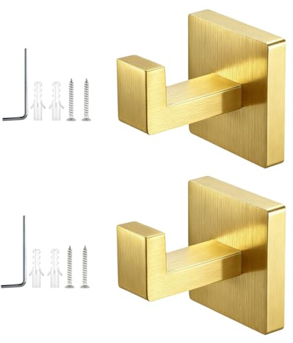 TIANLIN 2 Stück Handtuchhaken zum Bohren, Gebürstetes Gold Wandhaken aus 304 Edelstahl, Versteckte Montage mit Quadratischem Sockel und Installationswerkzeug, für Badezimmer, Küche, Büro