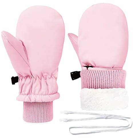 DIPZO Barnvinterhandskar för Flickor och Pojkar, Snövantar med Varmt Fleecefoder, Justerbart Handledsband, Vindtäta Termiska Skidhandskar för Utomhusbruk, Rosa, Ålder 4-6 År