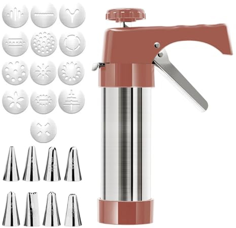 Edelstahl Gebäckpresse mit 8 Tüllen und 13 Schablonen - Aktualisierte VersionProfi Spritzgebäck Presse Gebäckspritze Kekspresse für Kekse Kuchen Plätzchen