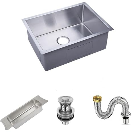 Inset/Undermount Stainless Steel Kitchen Sink Deep Square Single Bowl with Strainer Drain, Silver 52x42cm