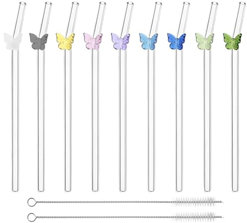 9PCS Glasstrohhalme Glas Wiederverwendbar Trinkhalme mit Schmetterling Motiv, Gebogene Glass Straw aus mit Reinigungsbürsten, Trinkhalme Blume für Cocktails, Säfte und Bubble Tea