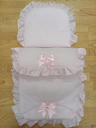 Pram Quilt and Pillow Set with Bows and Plain Frill Trim, Pink