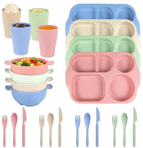 24 Pcs Dinner Plates Set Divided Plates Bowls Set of 4 | Reusable Plate Bowl Cup Fork Spoon Knife for School, Party, Camping