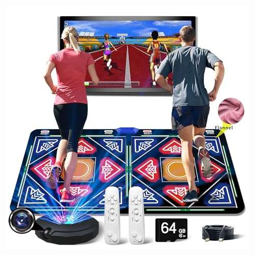 HDMI-Tanzmatte mit Kamera, 64 GB Speicherkarte, 1030 Spiele und 700 Songs, 81 MTVs, Tanz-, Lern- und Fitnessspiele, elektronische Musik-Tanzmatte, Geschenk für Jungen und Mädchen, Flanellmaterial.