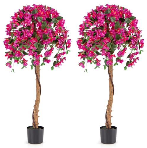 COSTWAY Árbol de Azalea Artificial de 135 cm, Planta Floral de Seda Falsa en Maceta con 576 Flores, 288 Hojas, Tronco de Madera, Césped Falso, Planta Decorativa Alta para Hogar, Oficina (2)