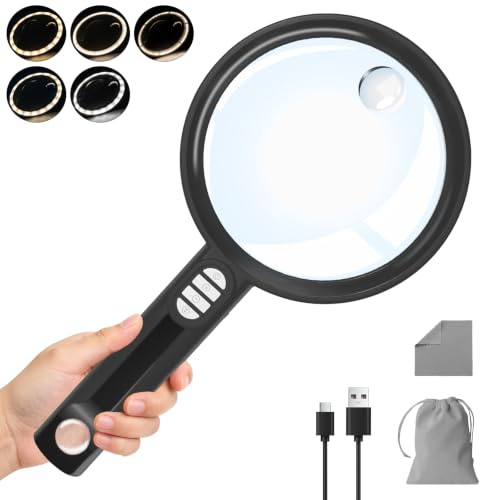GABORISH Lupe mit Licht USB Aufladbar, Leselupe mit Licht für Senioren Groß, 10X 20X 45X Vergrößerungsglas, 54 LED mit 5 Lichtfarben & 4 Helligkeitsstufen, Handlupe für Lesen, Inspektion (Schwarz)