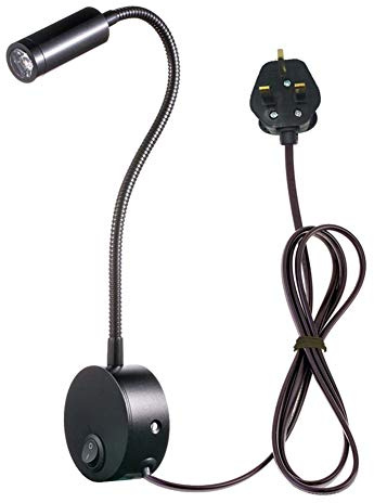 WeFoonLo 3W Wall Mounted Reading Light Flexible Gooseneck LED Sconce Lamp with Plug & Switch for Bedroom, Office, Workbench, Studio (3W Black-Cool White)