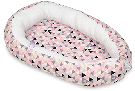 Velinda Kuschelnest Babynest Babynestchen Nestchen Reisebett Kuschelbett 100% Baumwolle (Muster: rosa Dreiecke - weiß)