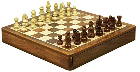 Supreme Quality Handmade Wooden Chess Set Sheesham Square Board With Staunton Chess Pieces With Storage Draw 14 Inch