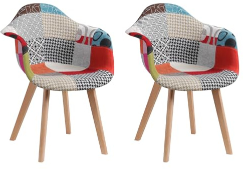 GrandCA HOME 2er-Set Esszimmerstühle mit Armlehne, Vintage-Küchenstühle, Sessel, Massivholzbeine und Patchwork-Stoffsitz, für Schlafzimmer, Wohnzimmer, Esszimmer und Küche, Rot