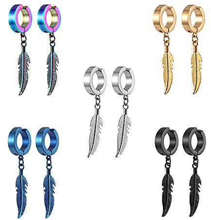 Bo Win 5 Paare Set Edelstahl Silber Ohrringe Clips für Herren Damen, Ohrringe Feder Gold, Ohne Ohrlöcher, Ohrklemme Schwarz mit Anhänger Gold 14MM