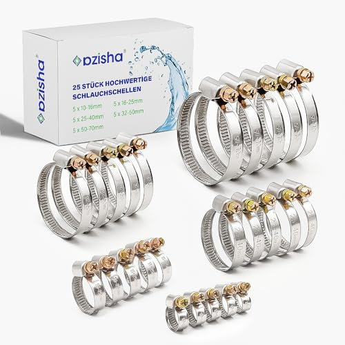 AZISHA Schlauchschellen Set | 25x mit 5x Größen aus Rostfreiem Edelstahl | Schlauchschelle mit 9mm für Pool Waschmaschine Auto Kfz (10–70mm 5 Größen MultiSet – 25 Stück)