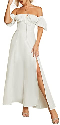 KUTUMAI Women's Summer Off Shoulder Maxi Dress Puff Sleeve A Line Flowy Ruffle Swing Split Long Dresses White M