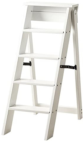 Folding Wooden 5 Steps Ladder Stool, Safety Non-Slip White Stepladders Chair Multifunctional Shelf Flower Stand Stairway Ladders for Home Garden