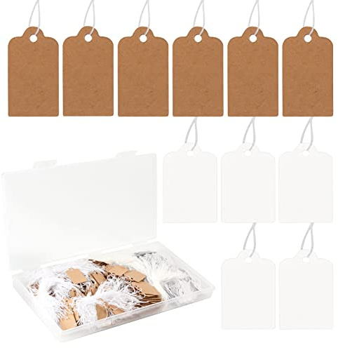500 Stück Etiketten Kraft Papier mit Schnur, 26 x 13 mm Leere Preisschilder zum Aufhängen Preisschild für Schmuck Kleidung Einzelhandel (300 Stück Braun, 200 Stück Weiß)