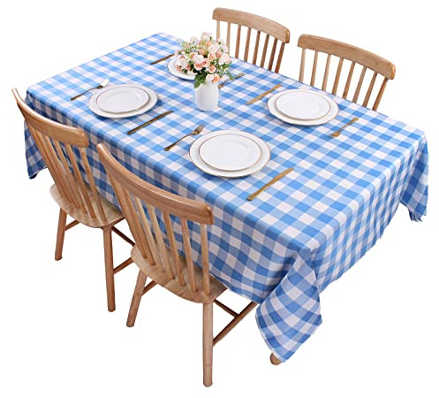 Kesfey 140x200cm Sky Blue Gingham Tablecloths Polyester Rectangle Checkered Tablecloth Plaid Table Cloth Wipe Clean Waterproof Wrinkle Free for Dinning Outdoor Restaurant Party Buffet Decoration