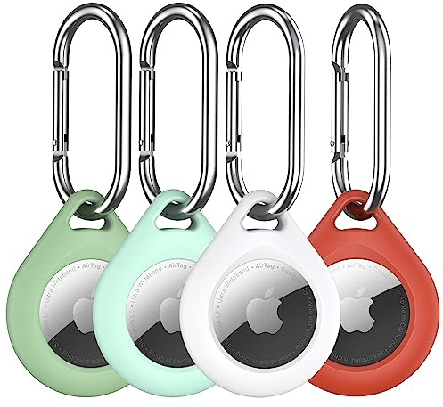 R-fun 4-pack för -hållare med metallnyckelring, flerfärgad skyddande silikon -fodral, nyckelring för bagage, hundkrage, nycklar, repskydd – (vit, avokado, röd, nattglöd)