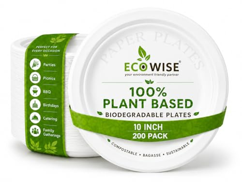 BH | Pack of 200-10 Large Bagasse Plates | White | Eco Friendly | Biodegradable and Compostable | Made of Sugarcane | Ideal for Everyday USE Birthday Party Picnic BBQ Work - By Best House