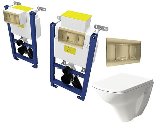 White Ceramic Wall Hung Square Modern Bathroom Toilet with Wall Hung Toilet Cistern/Frame and Brushed Brass Flush Plate Set, Dual Flush Cistern, Soft Close Seat and Brushed Brass Flush Plate