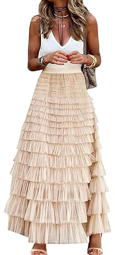 Womens Long Maxi Tulle Skirt A Line Ruffle Mesh High Waisted Tiered Layered Skirts Petticoat, Apricot, M