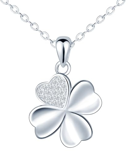 feilok Halskette Damen Kette mit Vierblättriges Kleeblatt Glücksbringer Anhänger aus 925 Sterlingsilber Weihnachten