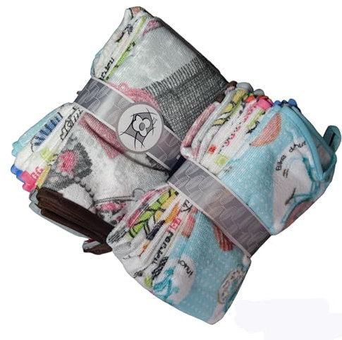 ENERGY COLORS TEXTIL-HOGAR 12 Paños de Cocina Rizo 100% Microfibra, 50X50cms, Multicolor con Dibujo, Juego de Trapos Suaves (12)