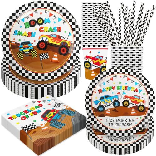 BOIKOKY Decoraciones de fiesta Monster Truck, 120 piezas vajilla, incluye platos, servilletas, vasos y popotes