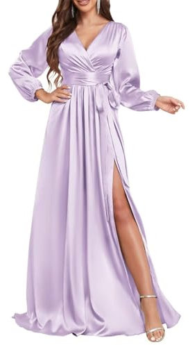 KURFACE Langärmeliges Brautjungfernkleid für Damen, mit Schlitz, V-Ausschnitt, Satin, formelles Abendkleid, Partykleid, Flieder, 42