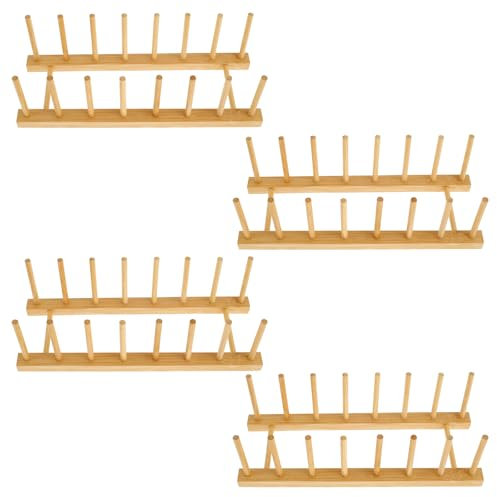 BAODBF 4-Piece Wooden Dish Drying Rack with 7 Compartments Each, Bamboo & Wood Material, Countertop Mount, Ideal for Dishware