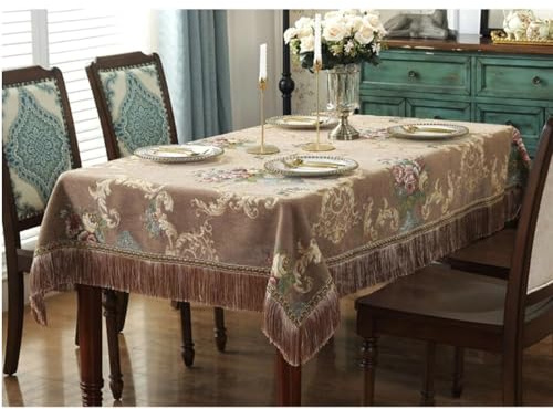 Calefee Tischdecke Eckig 160x160cm, Tischwäsche für die Küche Chenille Vintage-Jacquard mit Blumen Und Quasten Abwaschbare Tischdecke Fleckschutz