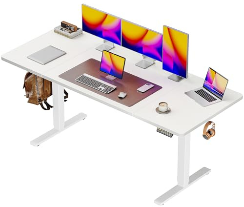 Huuger 63 x 28 Large Electric Standing Desk, Height Adjustable Computer Desk, 27.6 Deep Desktop, Stand up Gaming Office Table with 2 Hooks, 3 Preset Heights, for Home Office, White