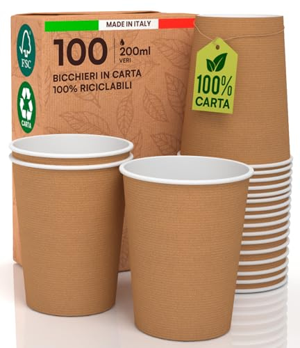 100 Bicchieri Avana in Carta Usa e Getta per Acqua Caffè Bevande Fredde e Calde da 200ml Made in Italy di Colore Avana Biodegradabili Compostabili Ecologici Eco Friendly - 100% Carta
