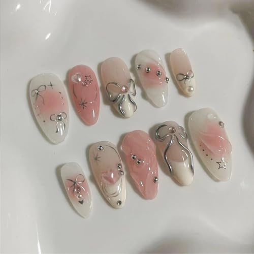 GlamRays 24 Stück Pink Press on Nails Medium Almond Fake Nails mit 3D Silber Schleife Perlen Design, Weißem Gradient French Tips, Acrylnägel, Falsche Nägel, Herz
