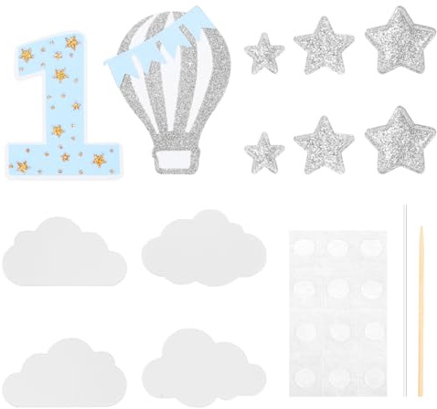 Bojueshaw 12pcs 1st Birthday Cake Topper,Glitter Hot Air Balloon Cake Topper,First Birthday Party Decoration for Kids Girls Boy(Silver Blue)