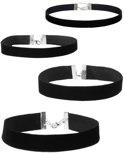 MYGLOAR Damen 4-teiliges Samt-Halsband, schwarzes Seiden-Halsband mit elastischer Halskette, Mädchen-Tattoo-Kette, Choker, Pudding-Halskette für Frauen und Mädchen (4 Größen)