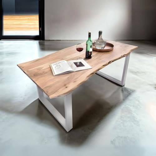 Bett11 Esstisch 200x100 cm naturfarben, Akazienholz massiv 26mm, U-Gestell Silber, Baumkantentisch aus Holz, Casa Massiva