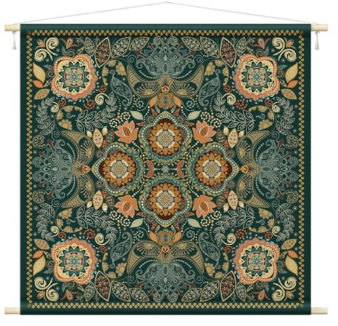 micasia Wandteppich Spirituell Stoffbild inkl. Holzstäbe & Seile Wanddeko - Made in Germany - Paisley Orientalisch grün Wohnzimmer Schlafzimmer Wandbehang 1134 (110x110cm)